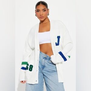 Fashion Nova White Cardigan with Blue and Green Accents
